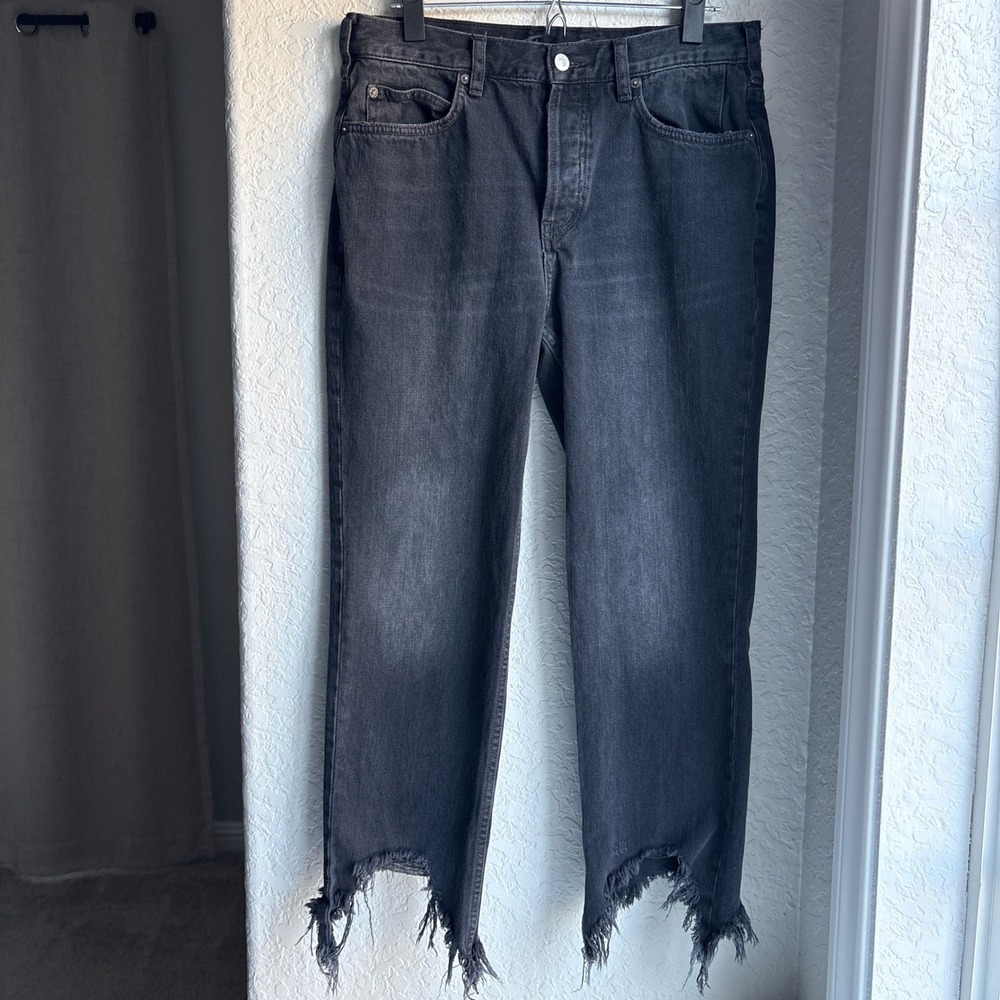 We The Free Free People Black Straight Distressed Jeans Raw Hem‎ Button Fly 28